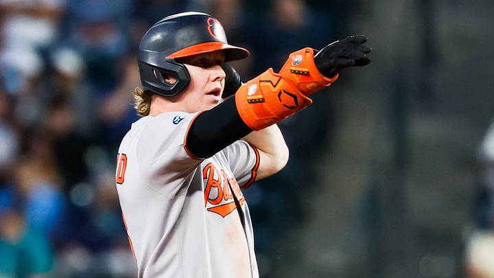 Jun 3, 2025; Seattle, Washington, USA; Baltimore Orioles right fielder Heston Kjerstad (13) celebrates following an RBI-double against the Seattle Mariners during the ninth inning at T-Mobile Park. Mandatory Credit: Joe Nicholson-Imagn Images