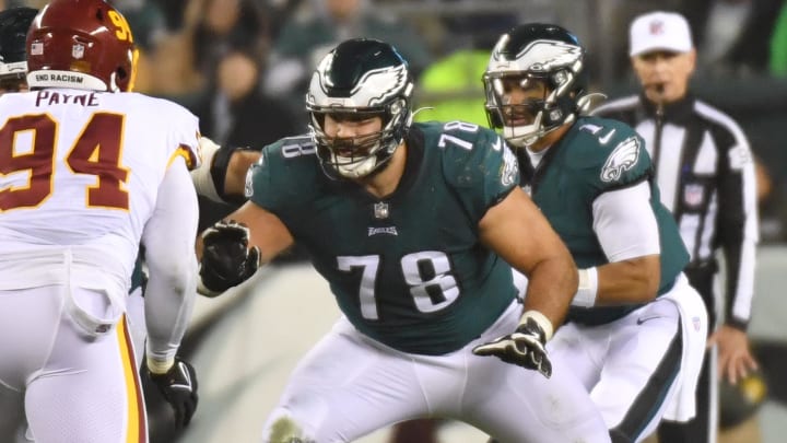 Dec 21, 2021; Philadelphia, Pennsylvania, USA; Philadelphia Eagles guard Sua Opeta (78) prepares to block against the Washington Football Team at Lincoln Financial Field. Mandatory Credit: Eric Hartline-USA TODAY Sports