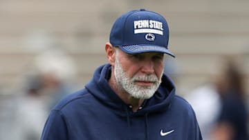 Apr 26, 2025; University Park, PA, USA; Penn State Nittany Lions defensive coordinator Jim Knowles walks on the field prior to the Blue White spring game at Beaver Stadium. Mandatory Credit: Matthew O'Haren-Imagn Images