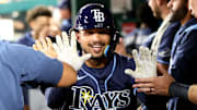 Tampa Bay Rays outfielder Everson Pereira (45) celebrates with his teammates after hitting a home run against the Washington Nationals at Nationals Park. 