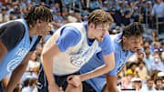 (L-R) James Brown, Henri Veesaar and Jarin Williamson during the Blue-White Scrimmage at the Smith Center; Oct. 4, 2025