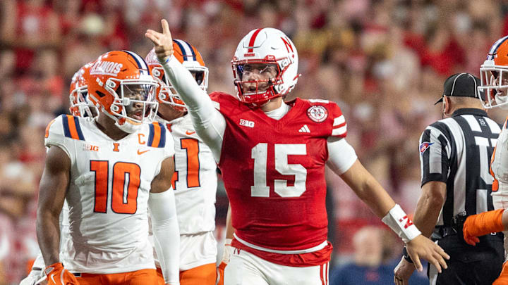 Nebraska quarterback Dylan Raiola signals a first down against Illinois last season. Nebraska quarterback Dylan Raiola signals a first down against Illinois last season.