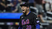 Jul 12, 2024; New York City, New York, USA;  New York Mets pitcher Edwin Diaz (39) celebrates after defeating the Colorado Rockies 7-6 at Citi Field. Mandatory Credit: Wendell Cruz-Imagn Images