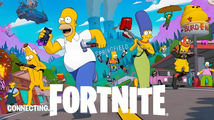 Fortnite x The Simpsons promo art, with Homer and Marge running towards camera with chaos in the background.