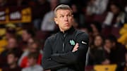 Nov 13, 2024; Minneapolis, Minnesota, USA; North Texas Mean Green head coach Ross Hodge looks on during the first half against the Minnesota Golden Gophers at Williams Arena. Mandatory Credit: Matt Krohn-Imagn Images
