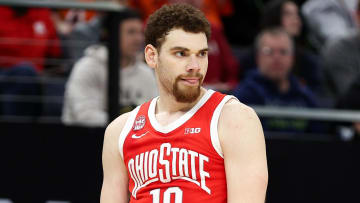 Mar 15, 2024; Minneapolis, MN, USA; Ohio State Buckeyes forward Jamison Battle (10) reacts to his missed three-point basket late during the second half against the Illinois Fighting Illini at Target Center. Mandatory Credit: Matt Krohn-USA TODAY Sports