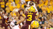 Oct 5, 2024; Minneapolis, Minnesota, USA; Minnesota Golden Gophers defensive back Koi Perich (3) intercepts a pass during the second half against the USC Trojans at Huntington Bank Stadium. Mandatory Credit: Matt Krohn-Imagn Images