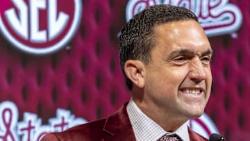 Oct 16, 2024; Birmingham, AL, USA; Mississippi State Bulldogs head coach Sam Purcell talks with the media during SEC Media Days at Grand Bohemian Hotel. Mandatory Credit: Vasha Hunt-Imagn Images