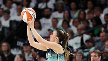 Oct 16, 2024; Minneapolis, Minnesota, USA; New York Liberty guard Sabrina Ionescu (20) shoots against the Minnesota Lynx during the first half of game three of the 2024 NBA Finals at Target Center. Mandatory Credit: Matt Krohn-Imagn Images