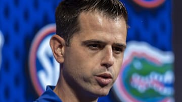 Oct 15, 2024; Birmingham, AL, USA; Florida Gators head coach Todd Golden talks with the media during SEC Media Days at Grand Bohemian Hotel. Mandatory Credit: Vasha Hunt-Imagn Images