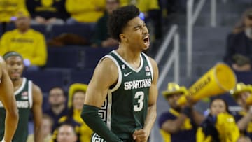 Feb 21, 2025; Ann Arbor, Michigan, USA; Michigan State Spartans guard Jaden Akins (3) reacts during the second half against the Michigan Wolverines at Crisler Center. Mandatory Credit: Brian Bradshaw Sevald-Imagn Images