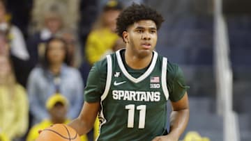Feb 21, 2025; Ann Arbor, Michigan, USA; Michigan State Spartans guard Jase Richardson (11) handles the ball during the second half against the Michigan Wolverines at Crisler Center. Mandatory Credit: Brian Bradshaw Sevald-Imagn Images