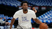 Apr 12, 2024; Dallas, Texas, USA; Detroit Pistons center James Wiseman (13) warms up before the game against the Dallas Mavericks at American Airlines Center. Mandatory Credit: Chris Jones-Imagn Images