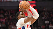 Apr 4, 2025; Toronto, Ontario, CAN;  Detroit Pistons guard Malik Beasley (5) shoots the ball against the Toronto Raptors in the first half at Scotiabank Arena. Mandatory Credit: Dan Hamilton-Imagn Images