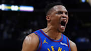 Apr 19, 2025; Denver, Colorado, USA; Denver Nuggets guard Russell Westbrook (4) reacts to his defensive turnover in overtime against the LA Clippers at Ball Arena. Mandatory Credit: Ron Chenoy-Imagn Images