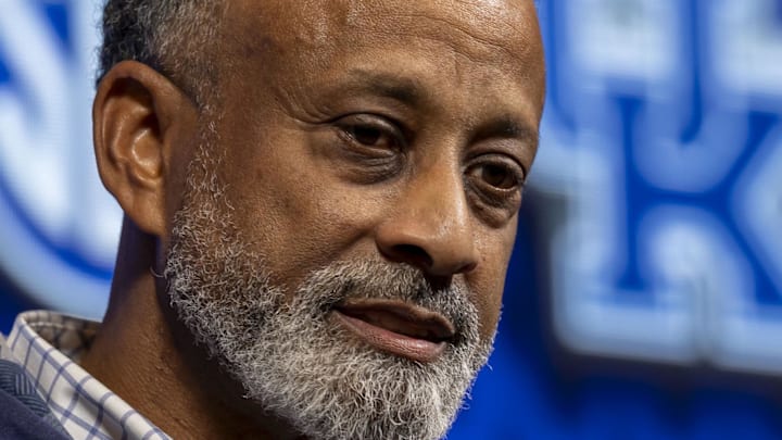 Oct 16, 2024; Birmingham, AL, USA; Kentucky Wildcats head coach Kenny Brooks talks with the media during SEC Media Days at Grand Bohemian Hotel. Mandatory Credit: Vasha Hunt-Imagn Images