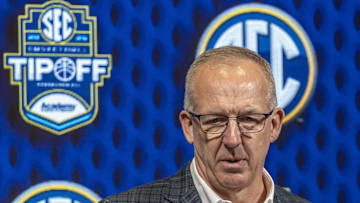 Oct 16, 2024; Birmingham, AL, USA; SEC commissioner Greg Sankey talks with the media during SEC Media Days at Grand Bohemian Hotel. Mandatory Credit: Vasha Hunt-Imagn Images