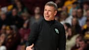 Nov 13, 2024; Minneapolis, Minnesota, USA; North Texas Mean Green head coach Ross Hodge reacts during the first half against the Minnesota Golden Gophers at Williams Arena. Mandatory Credit: Matt Krohn-Imagn Images