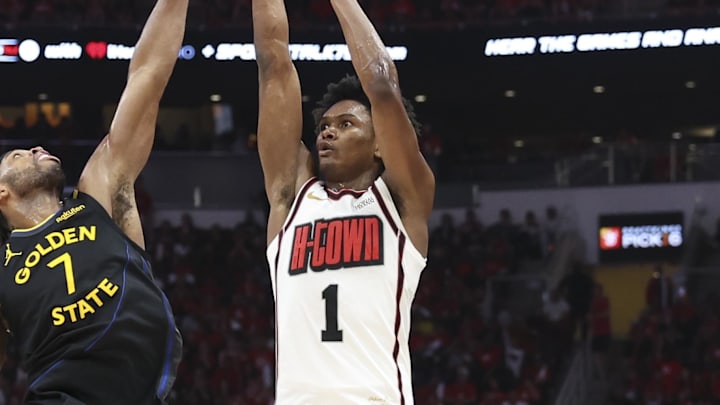 May 4, 2025; Houston, Texas, USA; Houston Rockets forward Amen Thompson (1) shoots the ball as Golden State Warriors guard Buddy Hield (7) defends during the third quarter of game seven of the first round for the 2025 NBA Playoffs at Toyota Center. Mandatory Credit: Troy Taormina-Imagn Images May 4, 2025; Houston, Texas, USA; Houston Rockets forward Amen Thompson (1) shoots the ball as Golden State Warriors guard Buddy Hield (7) defends during the third quarter of game seven of the first round for the 2025 NBA Playoffs at Toyota Center. Mandatory Credit: Troy Taormina-Imagn Images