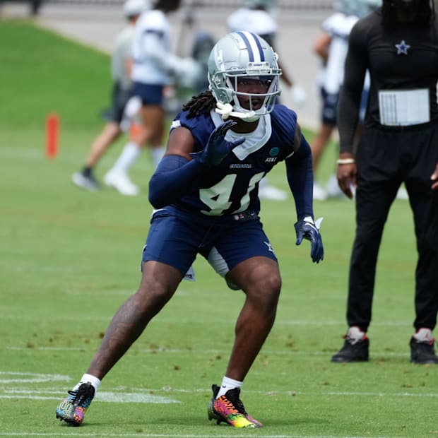 Dallas Cowboys cornerback Caelen Carson goes through a drill during practice at the Ford Center at the Star Training Facility