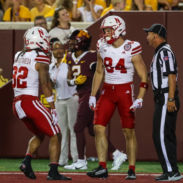 Nebraska Cornhuskers wide receiver Alex Bullock (84) celebrates his touchdown