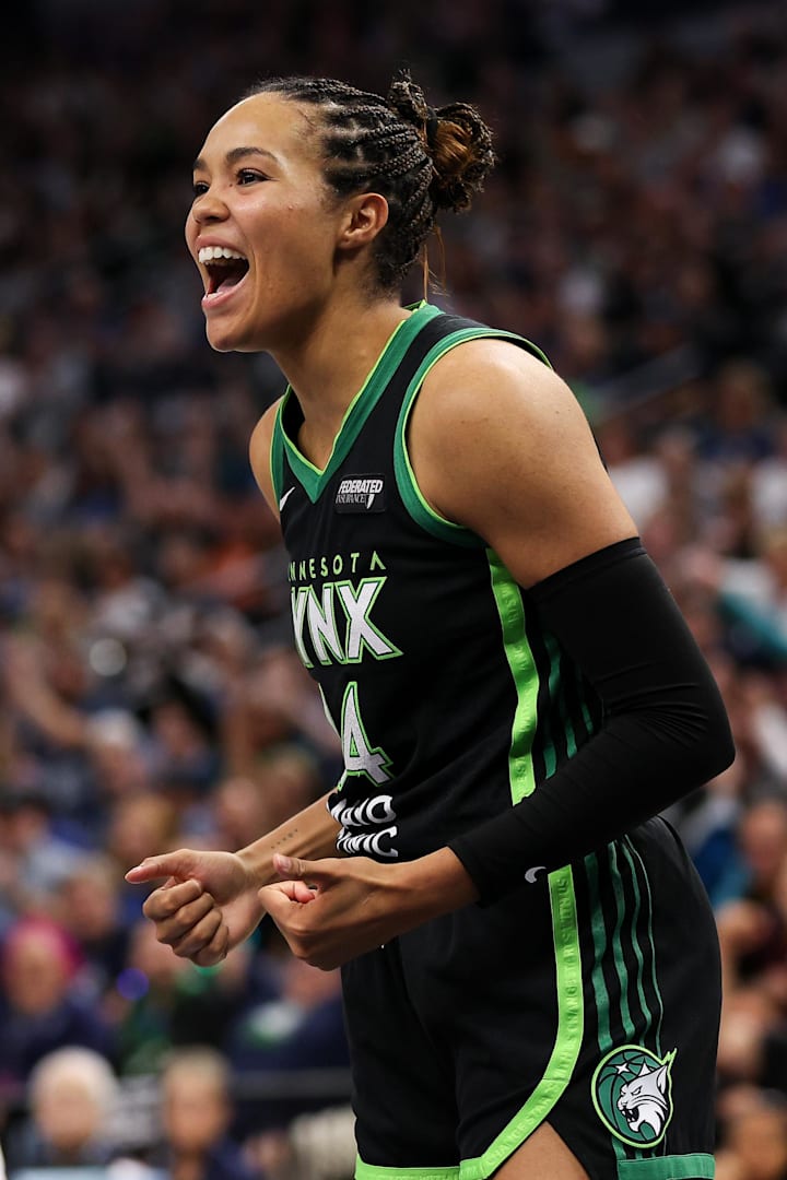 Minnesota Lynx forward Napheesa Collier celebrates her shot against the Connecticut Sun. 