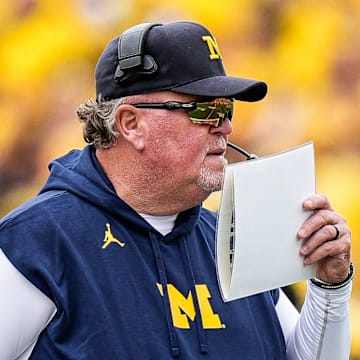 Sep 7, 2024; Ann Arbor, Michigan, USA; Michigan defensive coordinator Wink Martindale calls a play against Texas at Michigan Stadium.