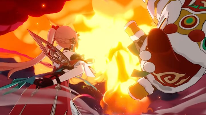 Honkai: Star Rail screenshot of Guinaifen looking at an explosion.