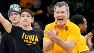 Iowa’s head coach Tom Brands reacts during a Big Ten conference dual against the Northwestern Wildcats Sunday, Feb. 16, 2025 at Carver-Hawkeye Arena in Iowa City, Iowa.