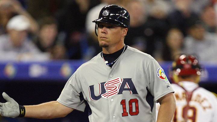 Mar 8, 2009; Toronto, ON, Canada; USA third baseman Chipper Jones (10) reacts after striking out to end the 1st inning against Venezuela during first round pool play at the 2009 World Baseball Classic at the Rogers Centre. Mandatory Credit: Tom Szczerbowski-Imagn Images