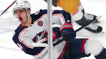 Jan 30, 2025; Las Vegas, Nevada, USA; Columbus Blue Jackets center Cole Sillinger (4) celebrates after scoring a goal against the Vegas Golden Knights during an overtime period at T-Mobile Arena. Mandatory Credit: Stephen R. Sylvanie-Imagn Images