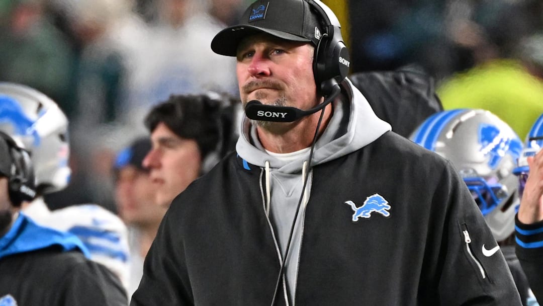 Nov 16, 2025; Philadelphia, Pennsylvania, USA;  Detroit Lions head coach Dan Campbell on the sidelines against the Philadelphia Eagles at Lincoln Financial Field. Mandatory Credit: Eric Hartline-Imagn Images