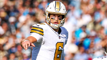 New Orleans Saints QB Tyler Shough (6) makes a pre-snap read against the Carolina Panthers on Nov. 9, 2025.