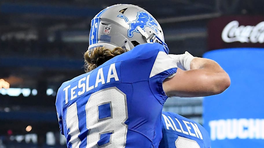 Detroit Lions wide receiver Isaac TeSlaa (18) celebrates with quarterback Kyle Allen (8) after scoring a touchdown | Eamon Horwedel-Imagn Images