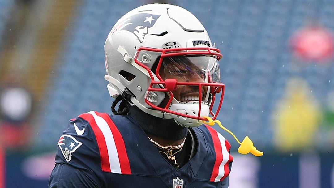 Sep 7, 2025; Foxborough, Massachusetts, USA; New England Patriots wide receiver Stefon Diggs (8) practices before the game against the Las Vegas Raiders at Gillette Stadium. Mandatory Credit: Bob DeChiara-Imagn Images