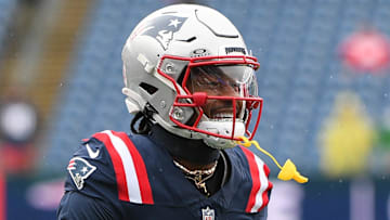 Sep 7, 2025; Foxborough, Massachusetts, USA; New England Patriots wide receiver Stefon Diggs (8) practices before the game against the Las Vegas Raiders at Gillette Stadium. Mandatory Credit: Bob DeChiara-Imagn Images