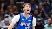 Nov 5, 2025; Dallas, Texas, USA; Dallas Mavericks forward Cooper Flagg (32) reacts after a shot by New Orleans Pelicans guard Jeremiah Fears (0) during the first half at American Airlines Center. Mandatory Credit: Kevin Jairaj-Imagn Images