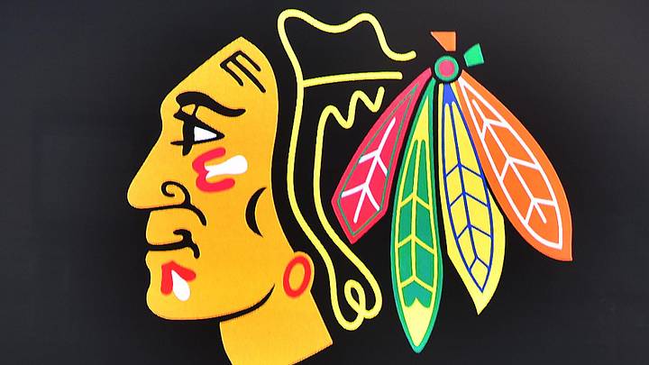 Jan 1, 2017; St. Louis, MO, USA; A detailed view of the Chicago Blackhawks logo on a video board during practice for the Winter Classic hockey game against the St. Louis Blues at Busch Stadium. Mandatory Credit: Jasen Vinlove-Imagn Images