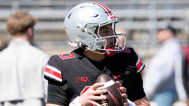 Ohio State Buckeye quarterback Julian Sayin (10) warms up before the start of the spring game at Ohio Stadium on April 12, 2025. Ohio State Buckeye quarterback Julian Sayin (10) warms up before the start of the spring game at Ohio Stadium on April 12, 2025.