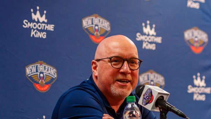 Sep 27, 2021; New Orleans, LA, USA;   David Griffin during a press conference at the New Orleans Pelicans Media Day. Mandatory Credit: Andrew Wevers-USA TODAY Sportsr