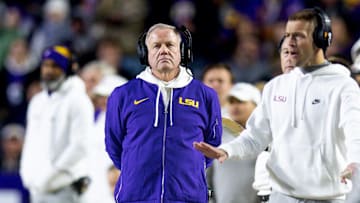 Nov 30, 2024; Baton Rouge, Louisiana, USA;  LSU Tigers head coach Brian Kelly looks on against the Oklahoma Sooners during the second quarter at Tiger Stadium. 