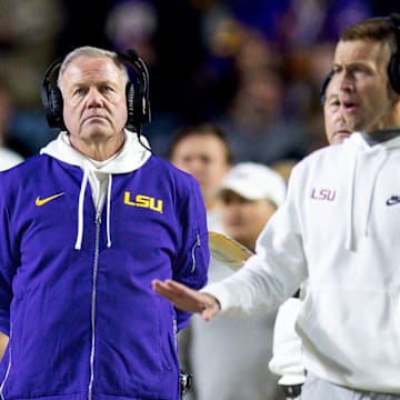 Nov 30, 2024; Baton Rouge, Louisiana, USA;  LSU Tigers head coach Brian Kelly looks on against the Oklahoma Sooners during the second quarter at Tiger Stadium. 