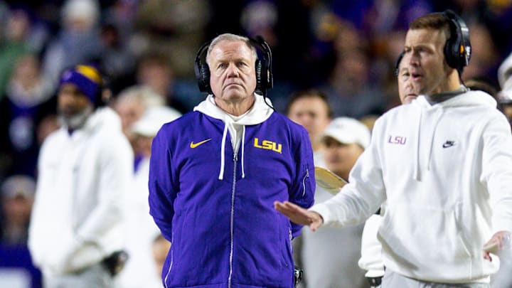Nov 30, 2024; Baton Rouge, Louisiana, USA; LSU Tigers head coach Brian Kelly looks on against the Oklahoma Sooners during the second quarter at Tiger Stadium. Nov 30, 2024; Baton Rouge, Louisiana, USA; LSU Tigers head coach Brian Kelly looks on against the Oklahoma Sooners during the second quarter at Tiger Stadium.