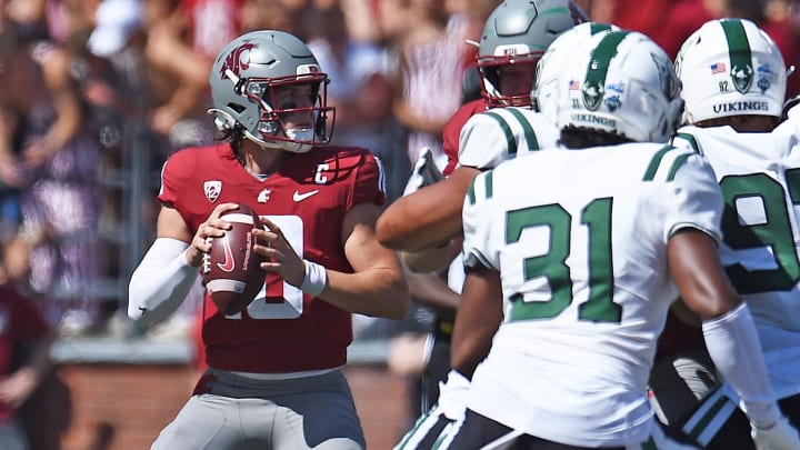 Aug 31, 2024; Pullman, Washington, USA; Washington State Cougars quarterback John Mateer (10) throws a pass against the Portland State Vikings in the first half at Gesa Field at Martin Stadium. Mandatory Credit: James Snook-USA TODAY Sports