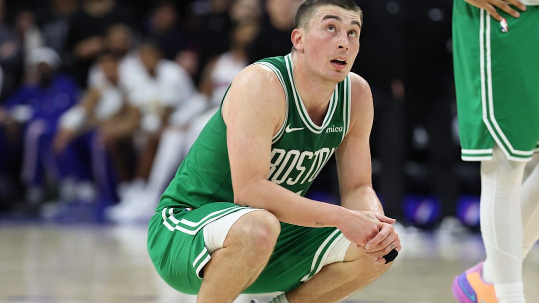 Apr 30, 2026; Philadelphia, Pennsylvania, USA; Boston Celtics guard Payton Pritchard (11) looks on during the fourth quarter against the Philadelphia 76ers at Xfinity Mobile Arena. 