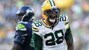 Green Bay Packers linebacker Isaiah Simmons (28) celebrates during a preseason game against the Seattle Seahawks on Aug. 23, 2025, at Lambeau Field in Green Bay, Wis. The Packers defeated the Seahawks 20-7.