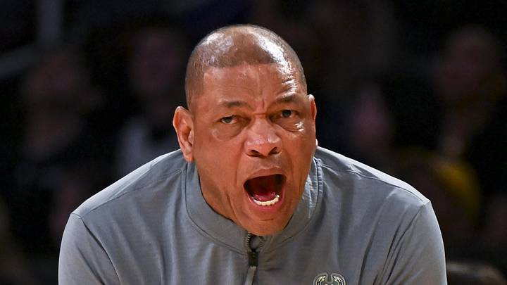 Milwaukee Bucks head coach Doc Rivers reacts against the Los Angeles Lakers during the first half at Crypto.com Arena on March 20, 2025.