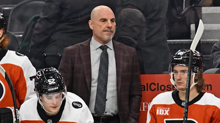 Evgeni Malkin didn't draw a penalty in Game 5 for blatantly flipping a puck at the Flyers bench after the whistle had blown. (Mandatory Credit: Eric Hartline-Imagn Images)