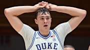 Jan 27, 2025; Durham, North Carolina, USA; Duke Blue Devils forward Cooper Flagg (2) reacts during the second half against the North Carolina State Wolfpack at Cameron Indoor Stadium.  The Blue Devils won 74-64. Mandatory Credit: Rob Kinnan-Imagn Images