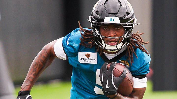 Jaguars running back LeQuint Allen Jr. (5) carries the ball during the Jaguars’ fourth OTA of the year, Monday June 1, 2026 at the Miller Electric Center in Jacksonville, Fla. [Doug Engle/Florida Times-Union]